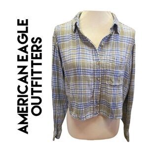 American Eagle Outfitters Blue/Green/White Plaid Long Sleeve Button Down Linen B